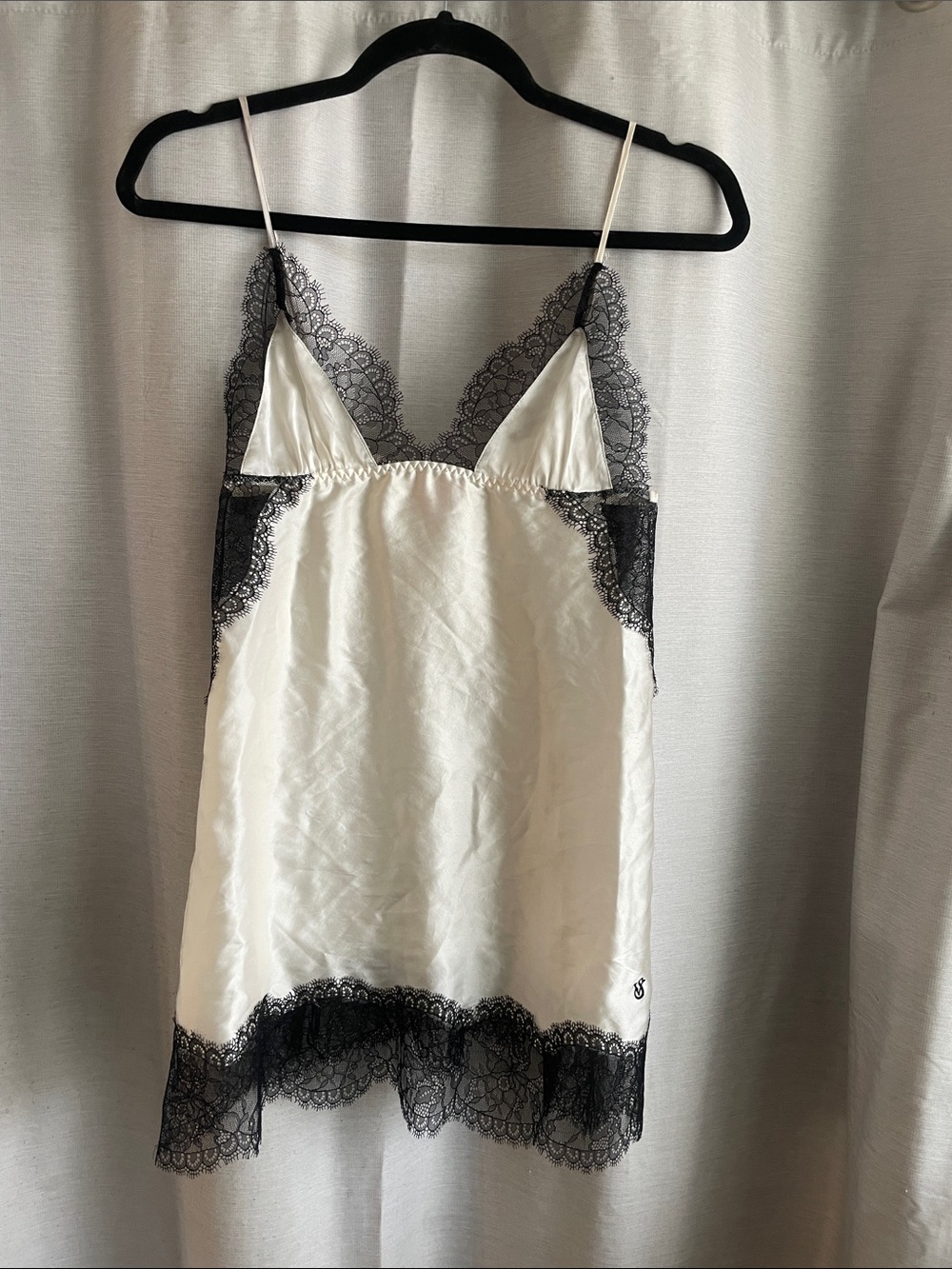 Victoria's Secret Silk bombshell White Slip Dress with Black Lace Trim